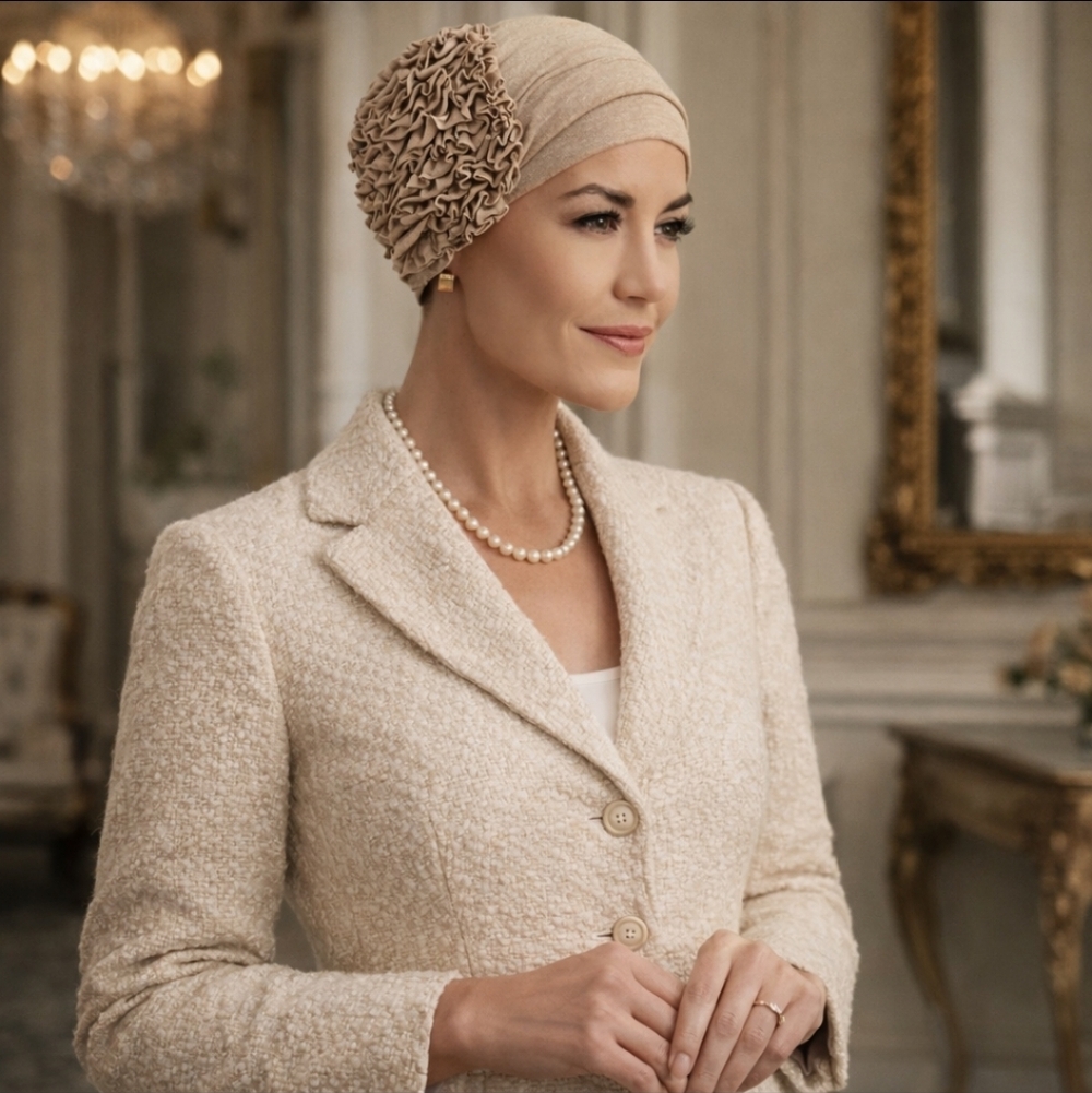 New Turban Christine Headwear Aimee Turban taupe foil Neutral print linen NWT